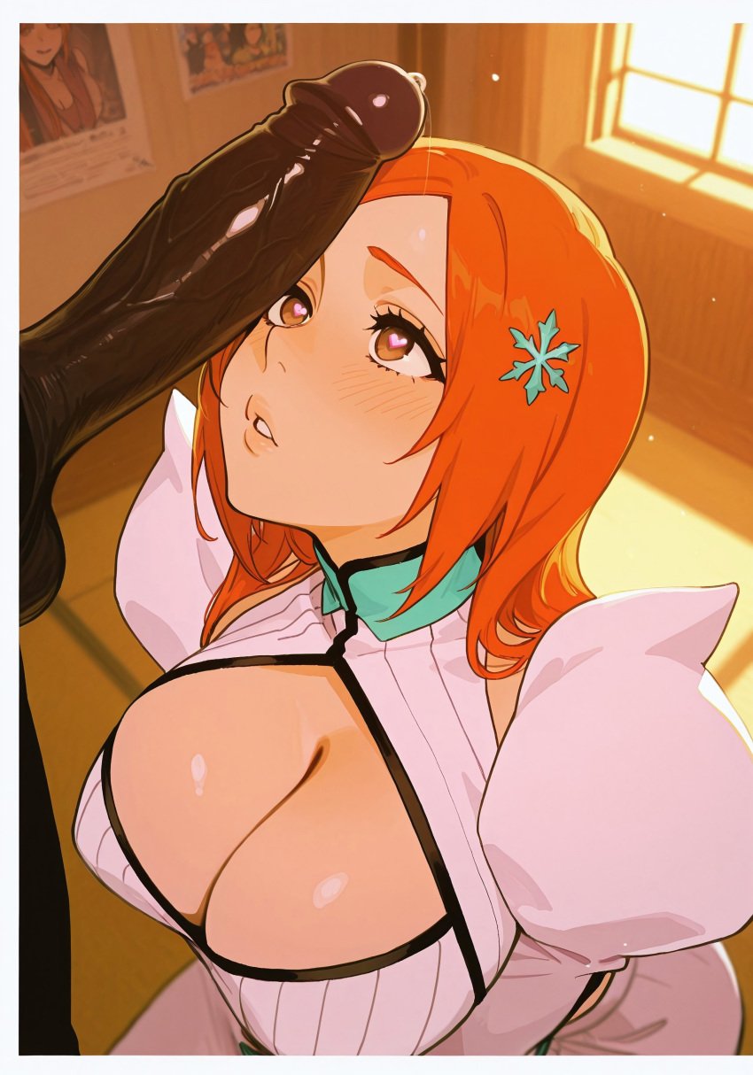 ai_generated big_breasts bleach bleach:_the_thousand-year_blood_war cleavage cleavage_cutout cock_worship collared_shirt dark-skinned_male dark-skinned_penis female female hair_ornament heart-shaped_pupils indoors inoue_orihime inoue_orihime inside_view looking_at_partner orange_eyes orange_hair penis_on_face white_dress