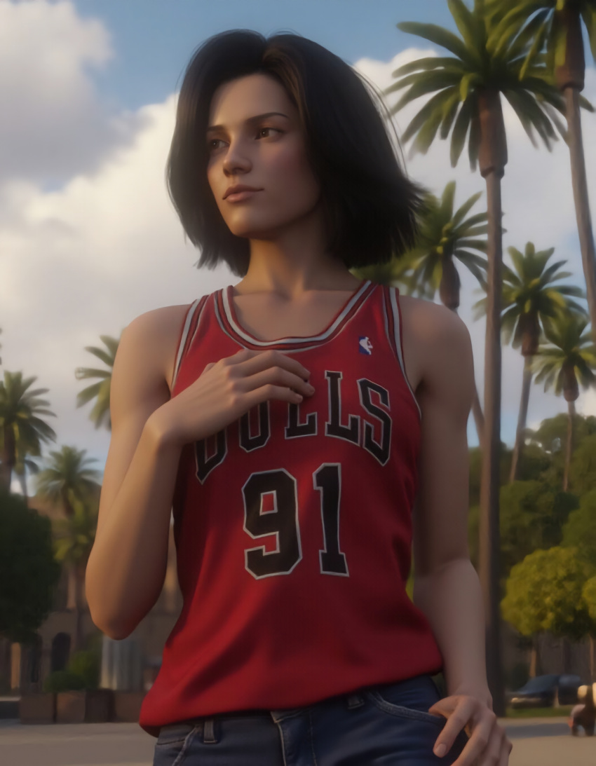 3d ai_generated aki_ross basketball_jersey basketball_uniform chicago_bulls female female_focus final_fantasy final_fantasy:_the_spirits_within palm_tree palm_trees tagme