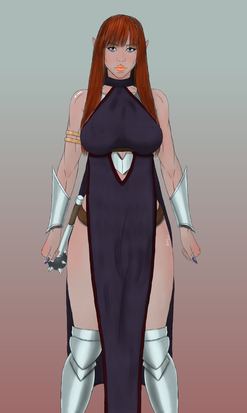 blue_eyes elf_ears extraterry eyebags futanari half_elf impractical_armor looking_at_viewer makeup marguerite_(extraterry) nun original original_character red_hair self_upload slutty_nun small_penis standing tagme