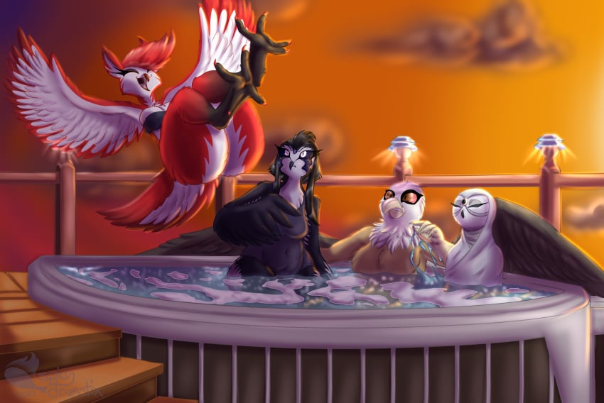 absurd_res anthro ass avian big_butt bird blues64 bottomless breasts cleavage clothed clothing feathers female group hi_res hot_tub lesang multicolored_body multicolored_feathers owl partially_submerged two_tone_body two_tone_feathers wings