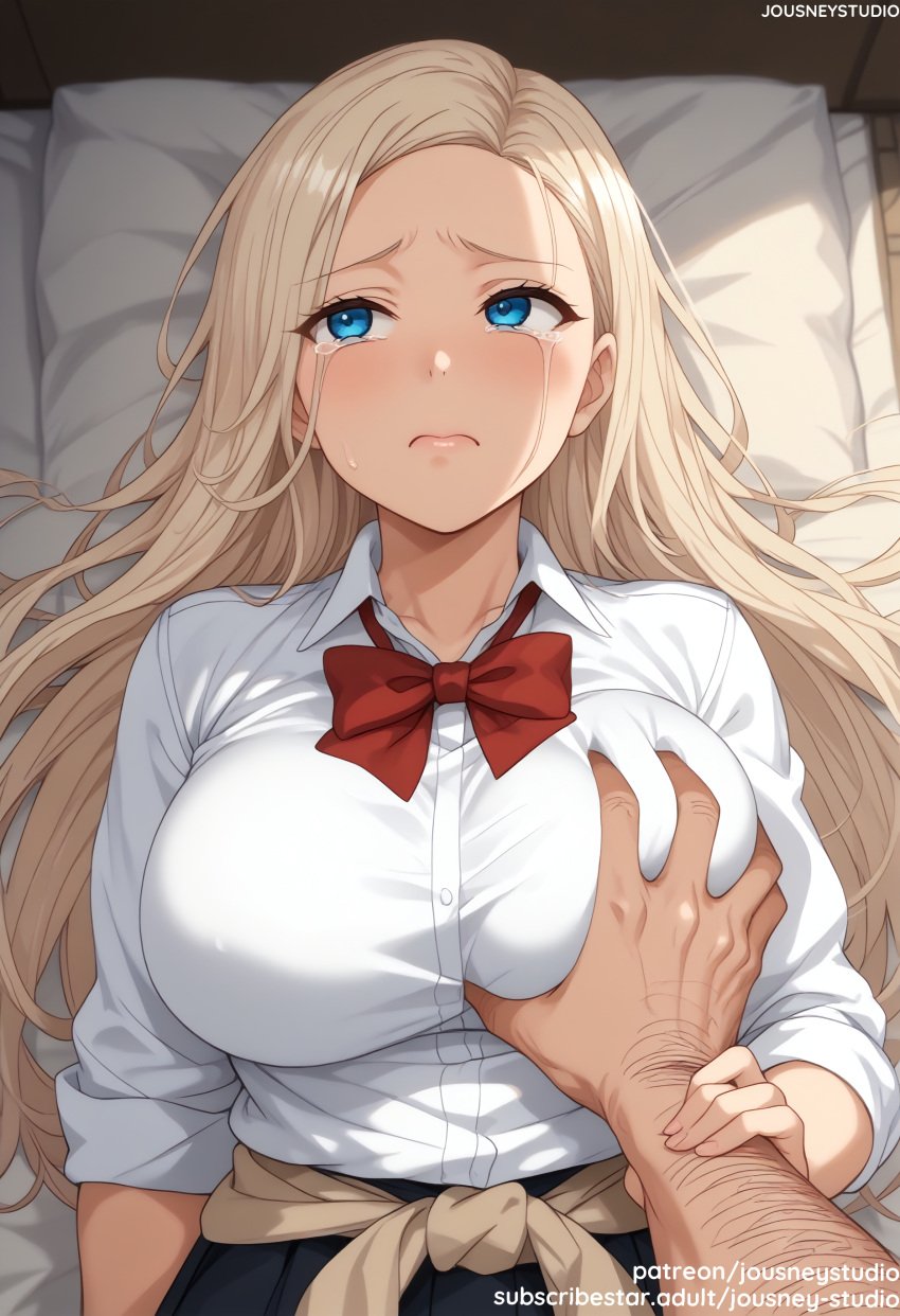 1boy ai_generated bangs bed bed_sheet black_skirt blonde_hair blue_eyes blush bow bowtie breast_grab breasts closed_mouth clothes_around_waist clothing collared_shirt crying crying_with_eyes_open dress_shirt female female forehead frown grabbing groping indoors jousneystudio kurashiki_reina large_breasts long_hair long_sleeves looking_at_viewer lying male neckwear on_back on_bed original patreon_username pillow pleated_skirt pov pov_hands red_bow red_bowtie red_neckwear saimin_seishidou school_uniform shirt skirt sleeves_rolled_up solo_focus straight sweater sweater_around_waist tears uniform watermark white_shirt