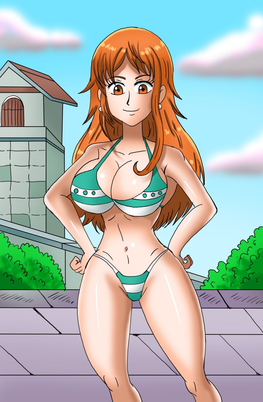 1girls bikini bikini_bottom bikini_bottom_only bikini_only bikini_top bikini_top_only boobs breasts cesaru33 clothing earrings female female_only female_solo long_hair nami_(one_piece) one_piece orange_eyes orange_hair solo solo_female solo_only