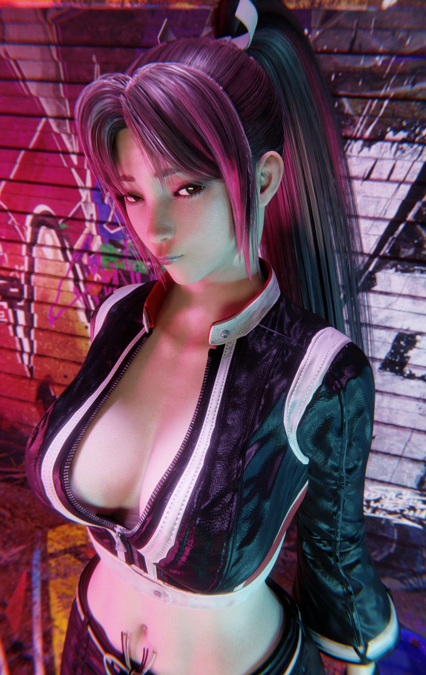 1girls 3d breasts breasts fatal_fury king_of_fighters leather leather_clothing leather_jacket looking_at_viewer mai_shiranui shaddoll_x smug solo_female street_fighter