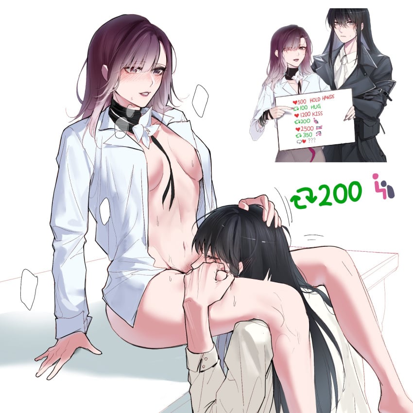 2girls between_legs black_coat black_gloves black_hair blush bottomless breasts closed_eyes closed_mouth coat collared_shirt commentary_request cunnilingus elbow_gloves flower gloves grabbing_another's_thighs gradient_hair hair_over_one_eye hand_on_another's_head hand_on_another's_thigh heart highres holding holding_sign lezissmitozer like_and_retweet long_hair long_sleeves looking_at_viewer medium_breasts multicolored_hair multiple_girls neckerchief open_clothes open_shirt oral parted_lips path_to_nowhere purple_eyes purple_hair pussy_juice rahu_(path_to_nowhere) scar scar_across_eye shalom_(path_to_nowhere) shirt sign simple_background sitting sweat sweatdrop twitter_strip_game upper_body white_background white_flower white_hair white_neckerchief white_shirt yuri