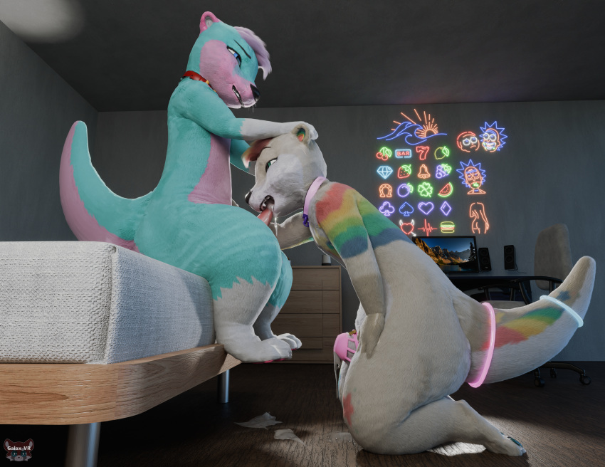 3d absurd_res anthro ass awtter bedroom_sex bodily_fluids chastity_cage chastity_device cum cum_drip cum_in_mouth cum_inside digital_media_(artwork) dripping duo galax_vr genital_fluids hi_res kneeling_oral_position lucky_(otter) lucky_otter male male/male mammal mustelid otter pink_chastity_cage ractertheawtt sex vrchat