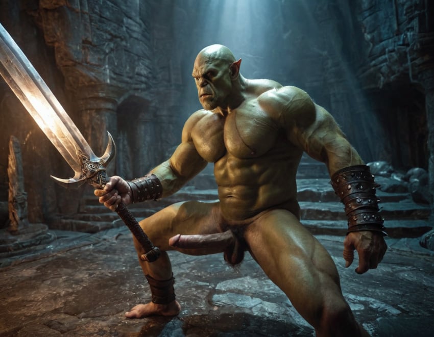 ai_generated bara big_muscle big_penis erection green_skin huge_cock male muscular_male orc orc_male orced penis