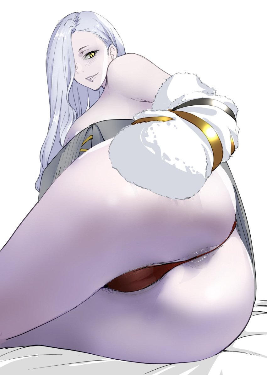 anus anus_peek ass bare_shoulders black_panties blue_lips breasts dress eyeliner fate/grand_order fate_(series) female grey_dress grin hair_over_one_eye hebinyobo(fate_grand_order) highres jacket large_breasts long_hair long_sleeves looking_at_viewer looking_back lying makeup nipple_slip nipples off_shoulder omi-san_(fate) on_side panties smile solo sweater sweater_dress thighs underwear white_hair white_jacket yellow_eyes yugensangyo