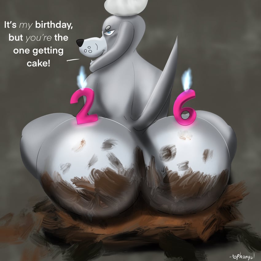 1:1 anthro ass big_butt birthday cake candle candy canid canine canis chocolate dessert domestic_dog english_text femboy food food_fetish food_play frosting fur grey_body grin head_tuft hi_res king_(oddkangal) looking_at_viewer male mammal multicolored_body oddkangal rear_view sitting_on_cake smile solo text thick_thighs tuft two_tone_body vizsla white_body white_fur