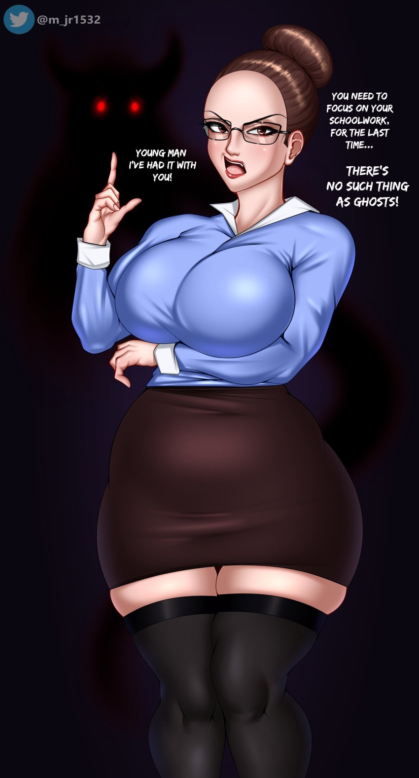 1girls angry angry_face big_breasts brown_eyes brown_hair ghost glasses hair_bun inminent_sex m_jr_art milf red_eyes teacher teacher_outfit thick thick_thighs tummy valerie_(neozeroxa)