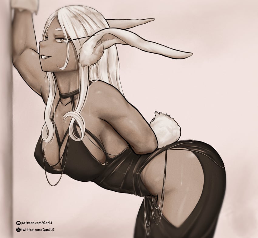 bent_over black_dress bunny_ears bunny_girl bunny_tail female female_focus female_only ganli mirko miruko modakawa_dress monochrome my_hero_academia rabbit_girl rabbit_tail rumi_usagiyama sideboob smirk smirking solo solo_female superheroine