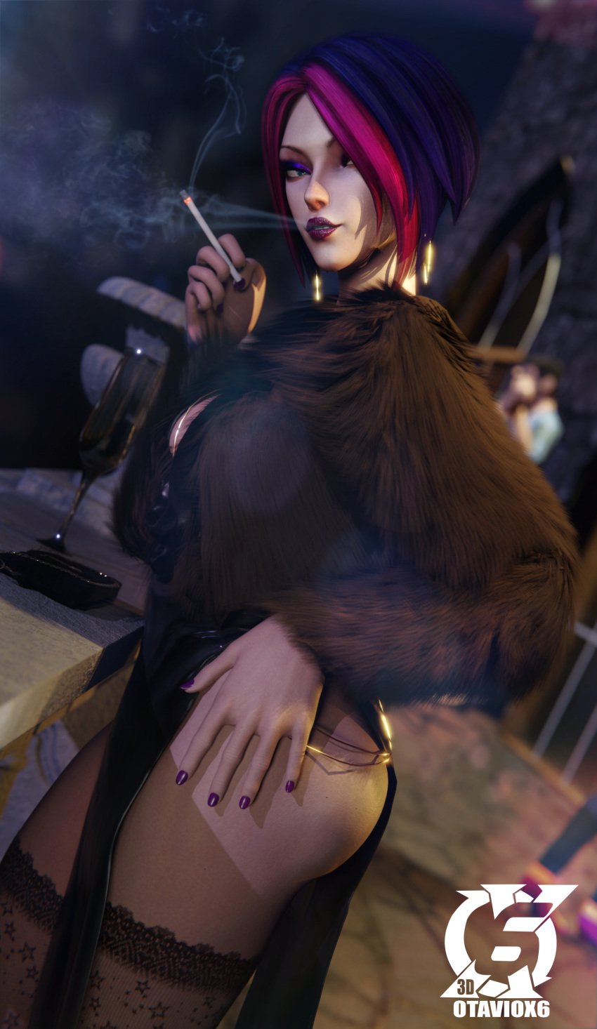 3d black_dress cigarette female_only fiora_laurent fur_coat league_of_legends light-skinned_female looking_at_viewer makeup multicolored_hair nail_polish otaviox6 outside purple_lipstick riot_games smoking smoking_cigarette solo_female