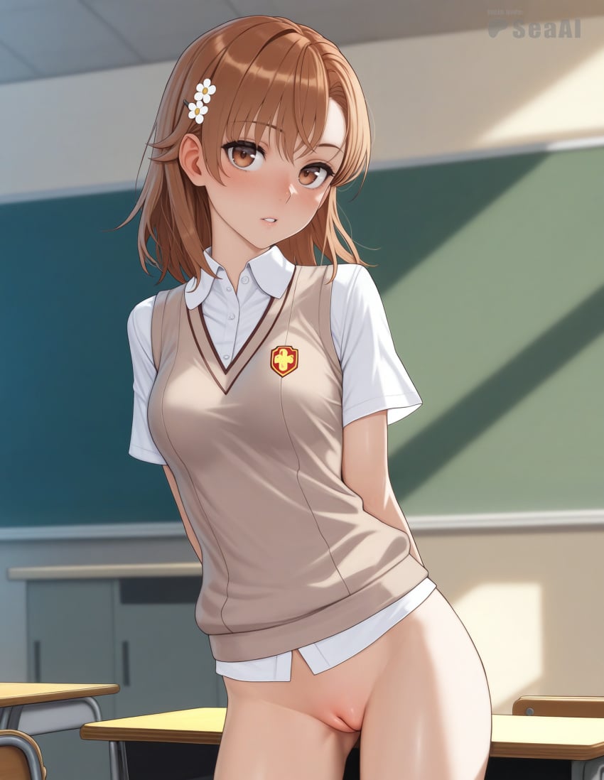 1girls ai_generated bottomless classroom cowboy_shot indoors looking_at_viewer misaka_mikoto parted_lips pussy school_uniform schoolgirl seacreator standing to_aru_kagaku_no_railgun to_aru_majutsu_no_index