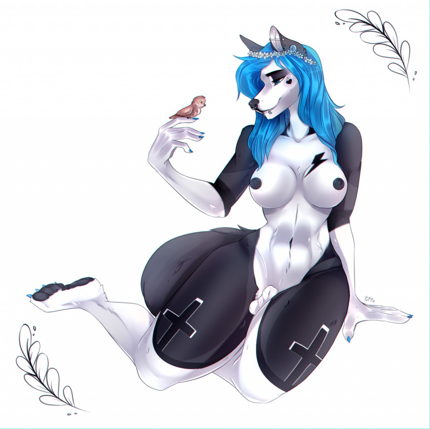 2019 5_fingers ambiguous_gender anthro avian bird blue_eyes blue_hair breasts dickgirl duo female feral hair intersex kneeling kristiana_puff navel nipples nude pawpads simple_background solo white_background