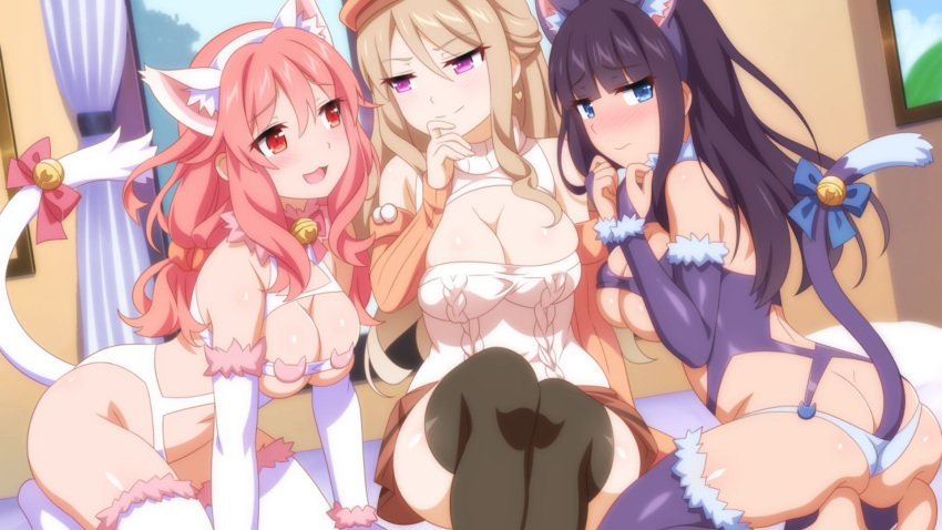 3girls ass_cleavage azusa_(sakura_sadist) barefoot beige_hair black_hair blue_eyes breasts butt_crack cat_ears cat_tail female female_only looking_at_partner looking_at_viewer mamiko_(sakura_sadist) mari_(sakura_sadist) multiple_girls pink_hair red_eyes sakura_sadist violet_eyes wanaca winged_cloud yuri