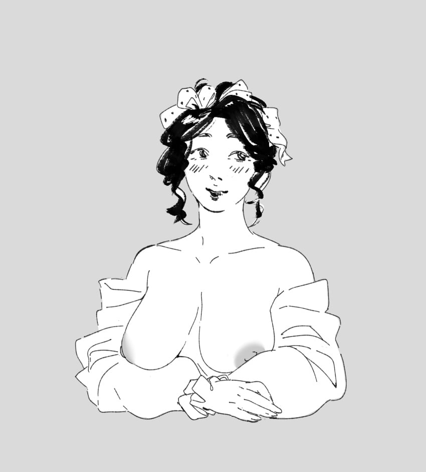 areola areolae bare_shoulders big_breasts black_and_white blush breasts breasts_out friedrich_engels friedrich_engels_dtiys lipstick looking_away meme monochrome short_hair simple_background tagme top_half