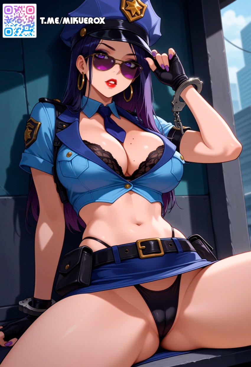 ai_generated belt belt_pouch between_breasts black_bra black_gloves blue_headwear blue_necktie blue_skirt bra breasts caitlyn_(league_of_legends) cleavage crop_top cuffs earrings female fingerless_gloves gloves handcuffs hat hoop_earrings jewelry large_breasts lipstick long_hair looking_at_viewer looking_over_eyewear makeup midriff miniskirt mole mole_on_breast nail_polish navel necktie necktie_between_breasts no_panties parted_lips pencil_skirt police police_badge police_hat police_uniform policewoman pouch purple-tinted_eyewear purple_eyes purple_hair purple_nails pussy red_lips shirt sitting skirt solo spread_legs stomach sunglasses thighs tinted_eyewear uncensored underwear uniform