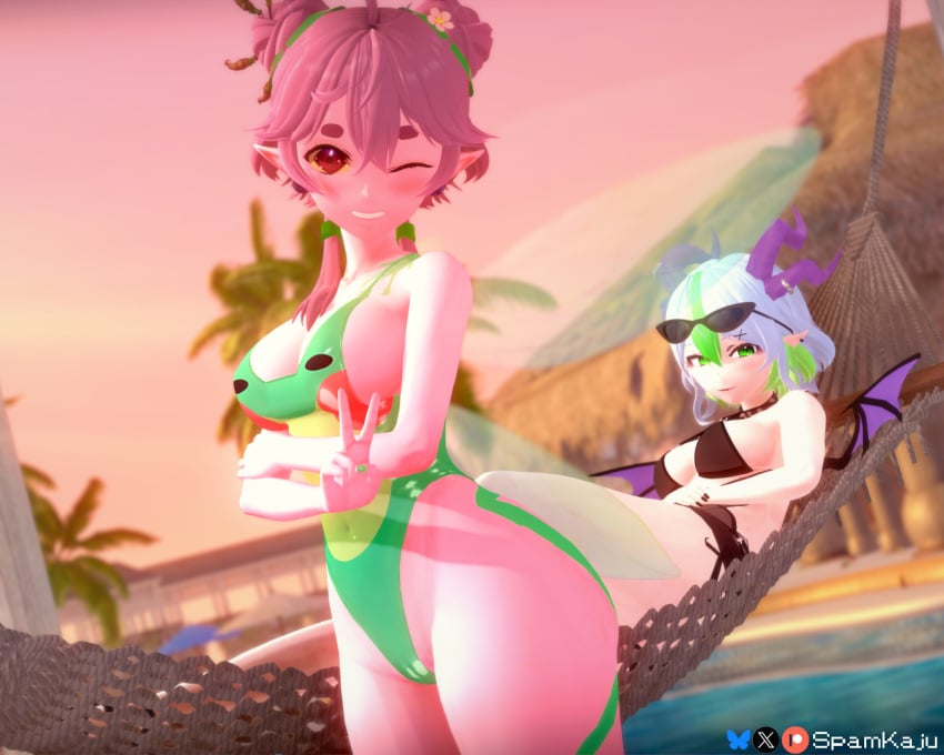 ass big_ass big_breasts bikini breasts breasts cleavage froggyloch froot green_hair grey_hair horn large_breasts lewd one-piece_swimsuit outdoors outside pale-skinned_female pale_skin peace_sign pink_hair pink_skin pool poolside pose sexy sideboob spamkaju swimming_pool swimsuit thighs virtual_youtuber vshojo vtuber wings wink winking_at_viewer