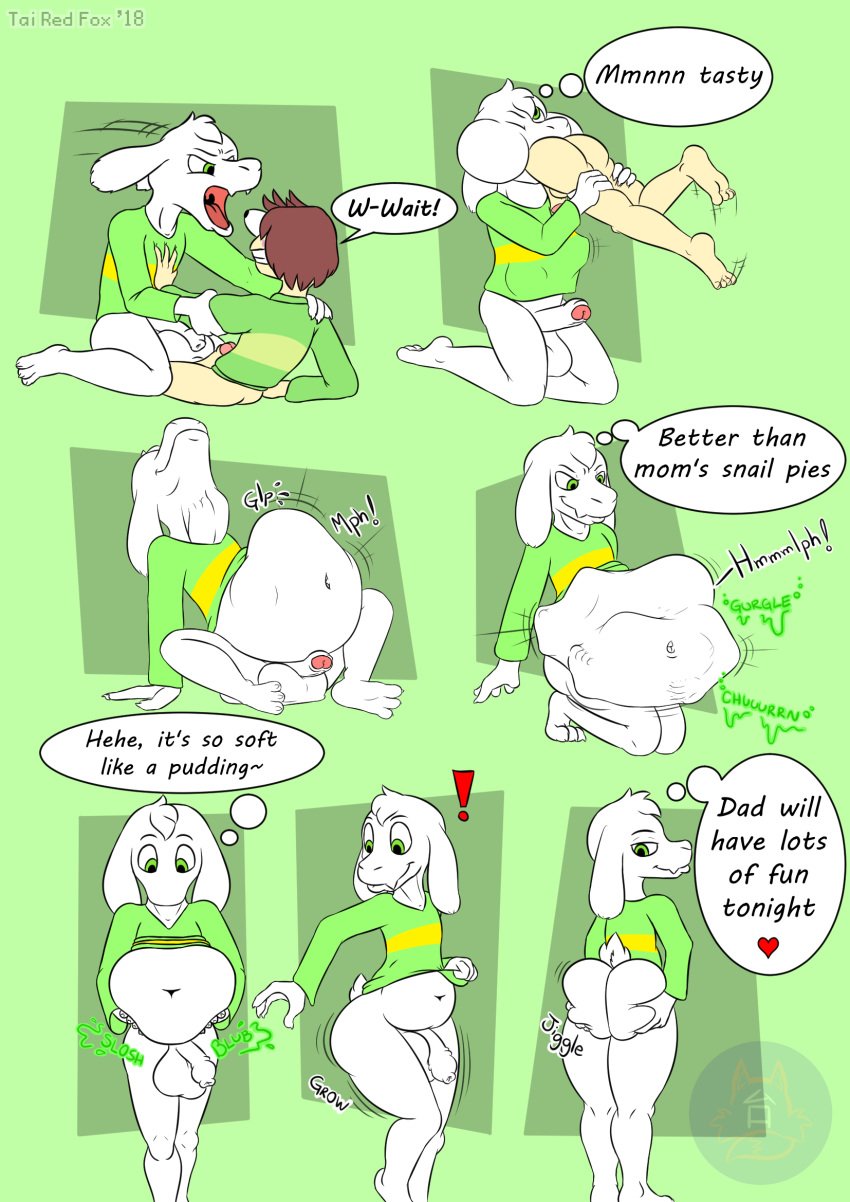 asriel_dreemurr ass balls belly big_balls big_belly big_butt bovid butt_expansion caprine chara digestion erection foreskin goat human male mammal monster penis tairedfox undertale video_games vore yaoi young