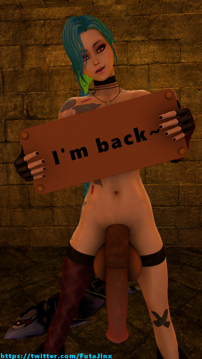 3d big_balls big_breasts big_penis blue_hair caption futa_only futanari horsecock intersex jinx_(league_of_legends) jinxxxie league_of_legends pink_eyes text video_games