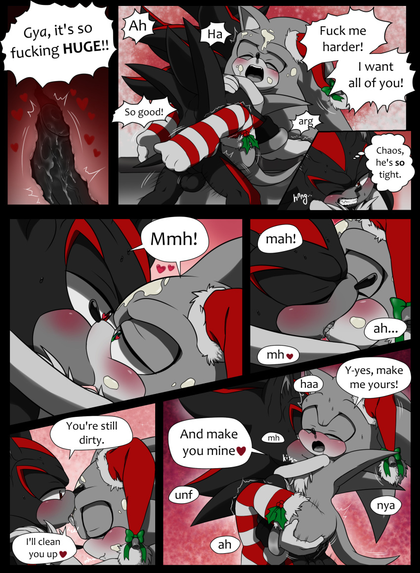 anal anal_sex anthro anus balls black_fur carrying christmas clenched_teeth closed_eyes comic dialogue gay green_eyes headgear heart heart-shaped_pupils kissing licking lifted lifting male moaning nowykowski7 open_mouth penis red_eyes red_fur red_legwear santa_hat shadow_the_hedgehog sonic_(series) sonic_the_hedgehog speech_bubble spot_color thighhighs thought_bubble two_tone_legwear white_legwear x-ray yaoi