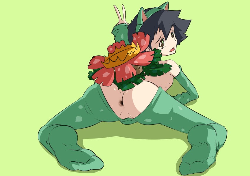 1boy androgynous ass cosplay crossdressing femboy fushigibana_(cosplay) girly green_theme lovenessm male male_only pokemon pokemon_(cosplay) pokemon_rgby satoshi_(pokemon) sissy trap venusaur_(cosplay)