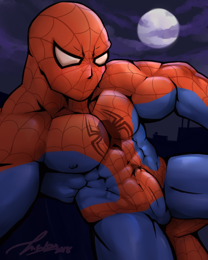 1boy abs bodysuit cloud cum gay gay_male intven96 looking_at_viewer male male_only marvel moon muscle muscles night pecs penis penis_in_bodysuit peter_parker precum sky solo spider-man spider-man_(series) visible_penis_shape