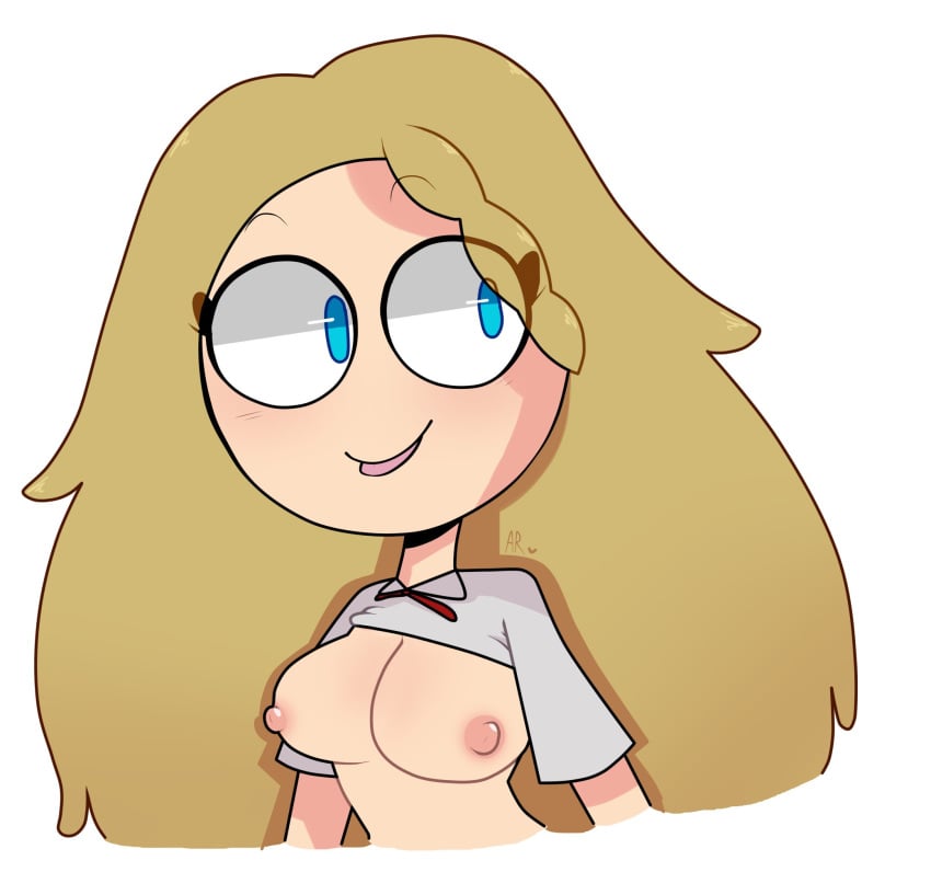 1girls alynnr4mirez blue_eyes breasts clothing female fnafhs happy joy_(fnafhs) long_hair nipples shirt shirt_lift solo tongue