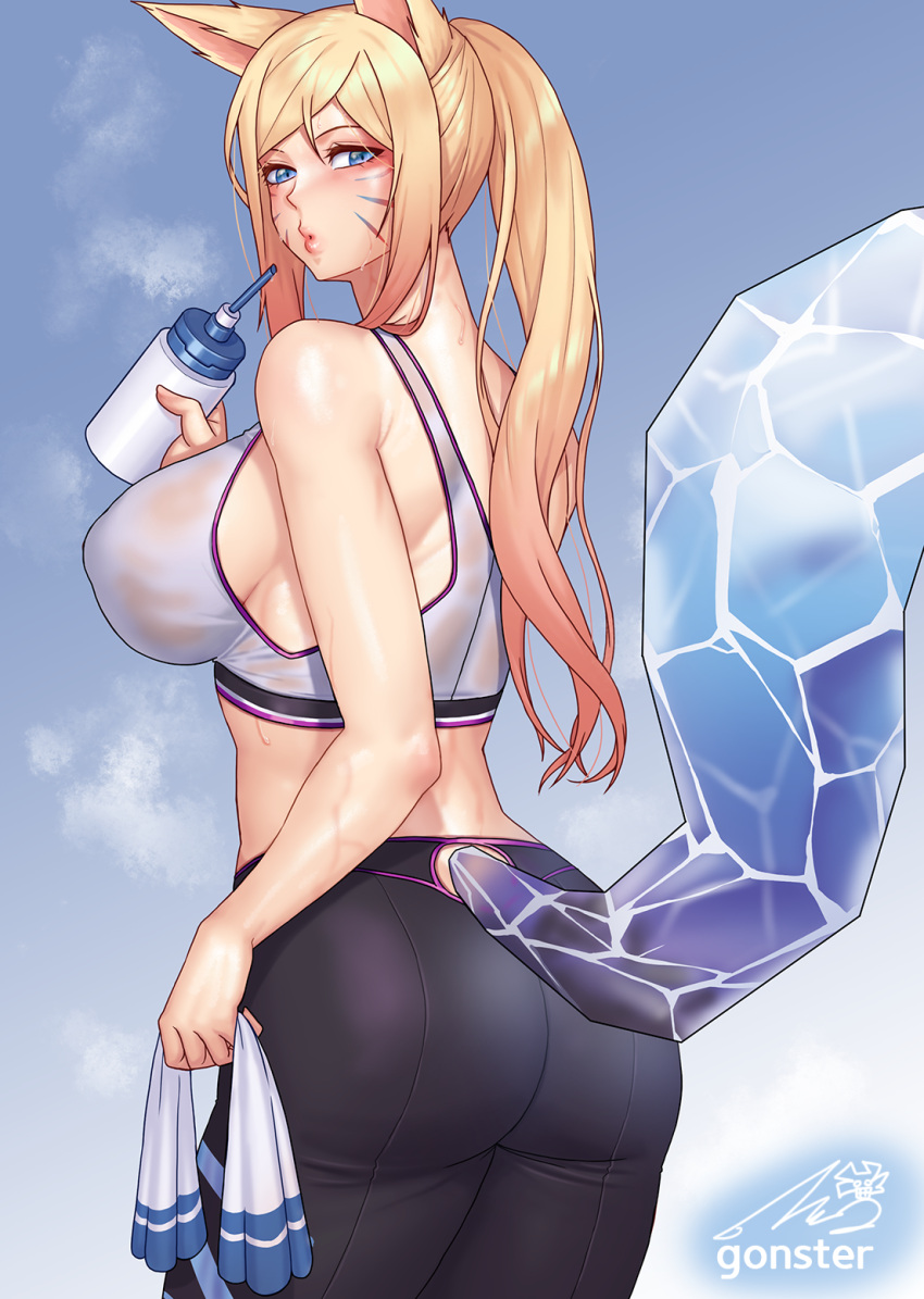 1girls ahri animal_ears ass big_ass big_butt blonde_hair blue_background blue_eyes breasts female fully_clothed gonster k/da_all_out_ahri k/da_all_out_series k/da_series league_of_legends leggings long_hair looking_at_viewer looking_back solo sports_bra sweat tail water_bottle white_skin yoga_pants