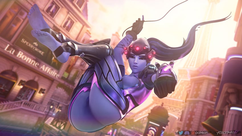 1girls 3d ass barefoot blizzard_entertainment breasts eiffel_tower feet female female_only forceballfx long_hair nipples overwatch paris paris_(map) soles solo widowmaker