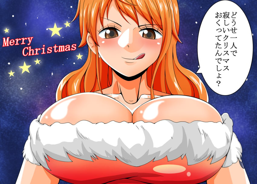 1girls alternate_version_available bare_shoulders big_breasts brown_eyes cleavage detailed_background english_text eyelashes female female_only front_view heart human japanese_text long_hair looking_at_viewer nami one_piece orange_hair pose posing shiny shiny_skin solo speech_bubble teamtgs text tongue_out translation_request