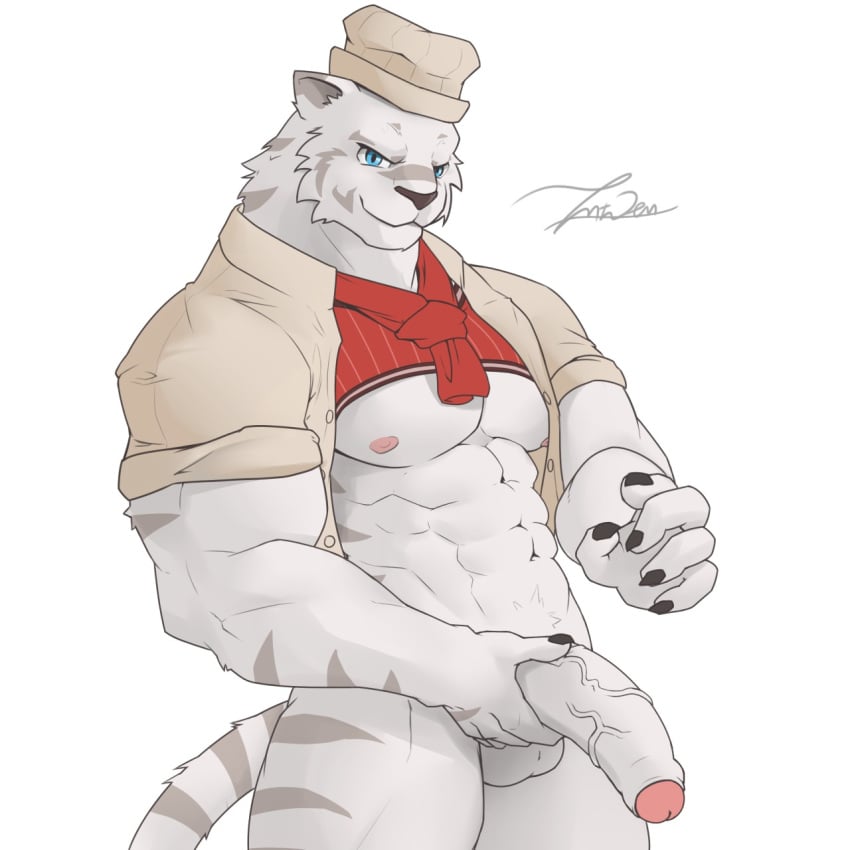 abs anthro balls biceps blue_eyes chef_hat feline furry gay grimoire_of_zero holding_penis intven96 male male_only mercenary_(character) muscle muscles muscular muscular_male nipples pecs penis shirt simple_background stripes tiger uncut vein veiny_penis white_background white_tiger