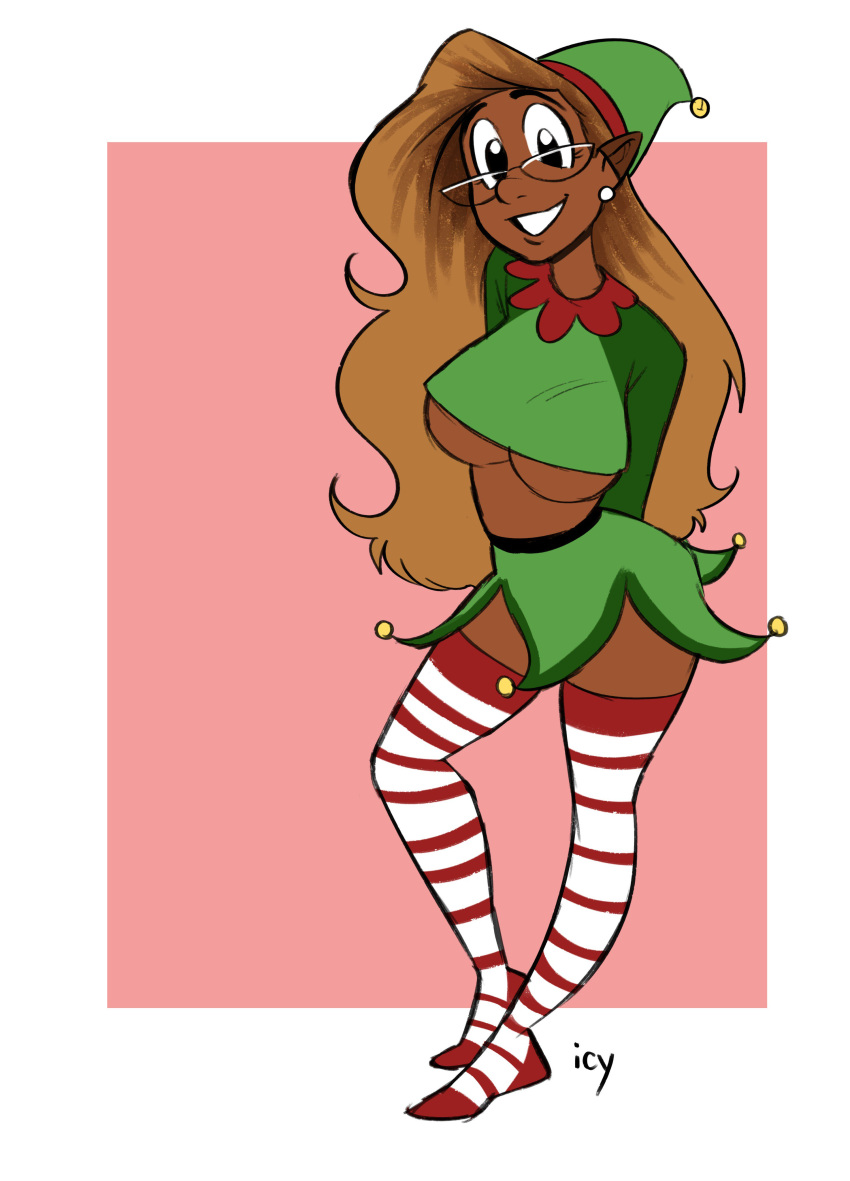 black_skin breasts christmas elf elf_costume elf_hat fake_ears female glasses iseenudepeople long_hair looking_at_viewer petunia_(iseenudepeople) skirt smile socks thighs underboob