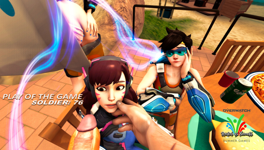 3d age_difference alternate_costume ass breasts brown_hair d.va female male overwatch penis play_of_the_game raikoh_xaiorkh soldier_76 sprinter_tracer straight threesome tracer