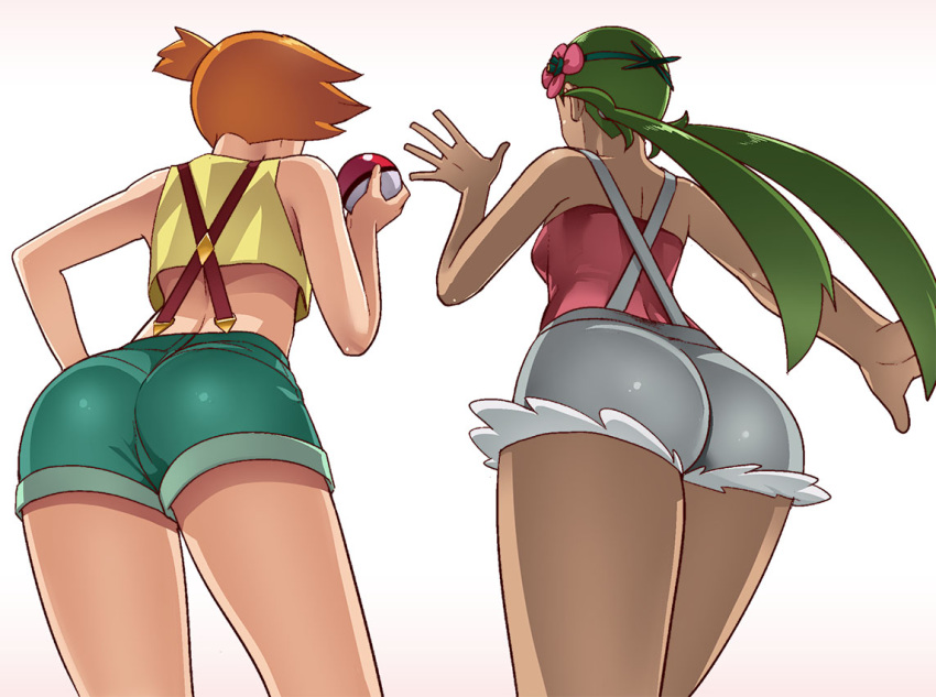 2girls armpits ass back bare_shoulders big_ass breasts chocolate_and_vanilla clothed clothed_female dark-skinned_female dark_skin female female_only flower from_behind fully_clothed green_hair hairband hand_on_hips huge_ass human human_only kasumi_(pokemon) looking_away mallow_(pokemon) multiple_girls nintendo orange_hair poke_ball pokemon pokemon_rgby pokemon_sm shirt short_hair shorts side_ponytail standing suspenders tank_top thick_thighs twintails wanao white_background wide_hips