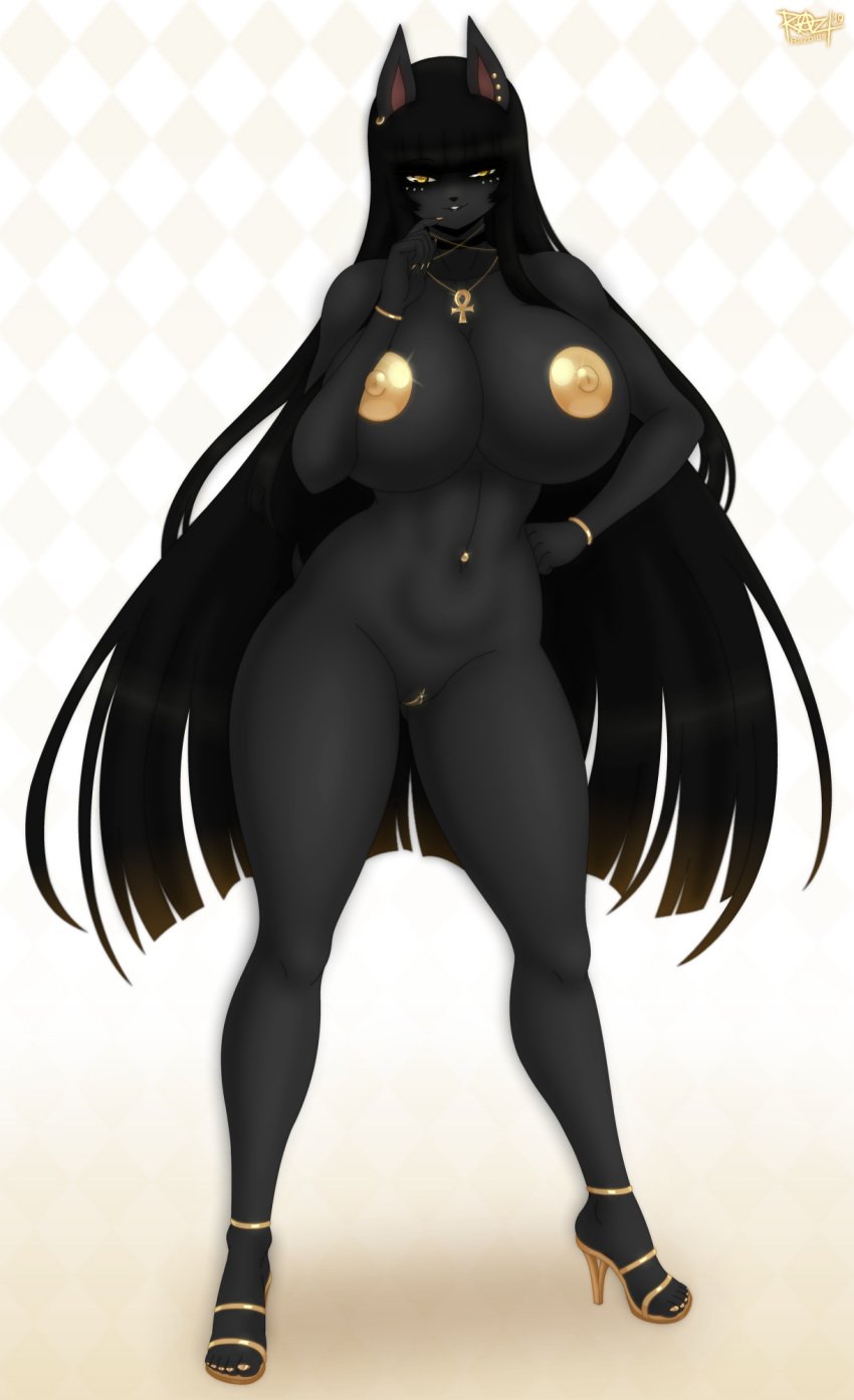 anthro anubian_jackal big_breasts black_hair breasts busty canid canine canis clothing female female_only footwear full_body golden_nipples hair high_heels hourglass_figure huge_breasts jackal long_hair mammal naked_footwear naked_heels nipples nude nude_female piercing pussy razplus rhaja_aaruna seductive seductive_look shoes solo solo_female voluptuous