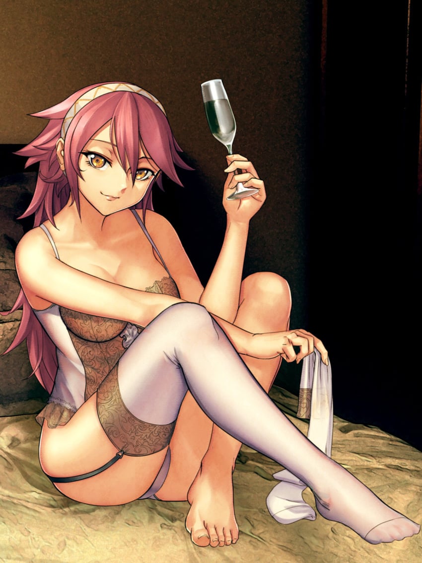 1girls alcohol amiba_(nerdamiba) bed champagne feet fire_emblem fire_emblem_fates fire_emblem_heroes fire_emblem_if garter_straps glass gold_eyes headband lingerie long_hair medium_breasts nintendo on_bed panties pink_hair sitting smile soleil_(fire_emblem) solo stockings thighhighs yellow_eyes