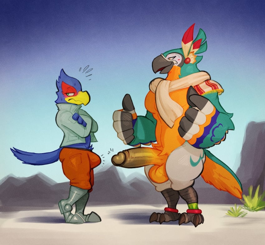 2boys avian balls beak big_penis bird black_glans blue_feathers blush boots breath_of_the_wild bulge clothed clothing crossover daftpatriot erection falco_lombardi falcon feathers footwear gay huge_cock humanoid_penis jacket kass_(zelda) long_penis looking_away male male_only multicolored_penis nervous nintendo nude orange_balls pants penis red_feathers rito scarf shy size_difference star_fox sweat talons the_legend_of_zelda thick_penis topless two_tone_penis video_games yaoi