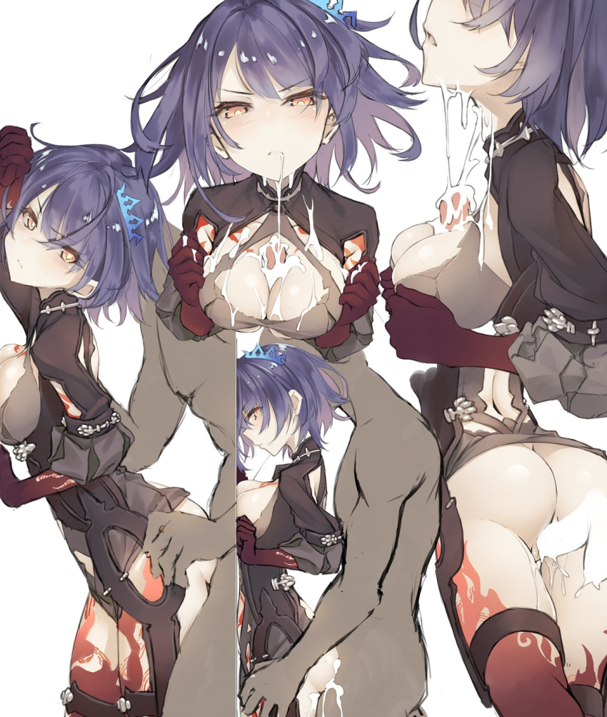 1boy against_wall alice_(sinoalice) ass blue_hair breast_squeeze breasts censored choker cleavage cleavage_cutout closed_mouth cum cum_in_mouth cum_on_body cum_on_breasts cum_on_upper_body dark_persona eyebrows_visible_through_hair female hair_ornament half-nightmare happy_turn2 highres jewelry leaning leaning_forward looking_at_viewer medium_breasts multicolored multicolored_skin multiple_views open_mouth overflow paizuri pale_skin red_eyes revealing_clothes sex short_hair simple_background sinoalice tattoo v-shaped_eyebrows white_background