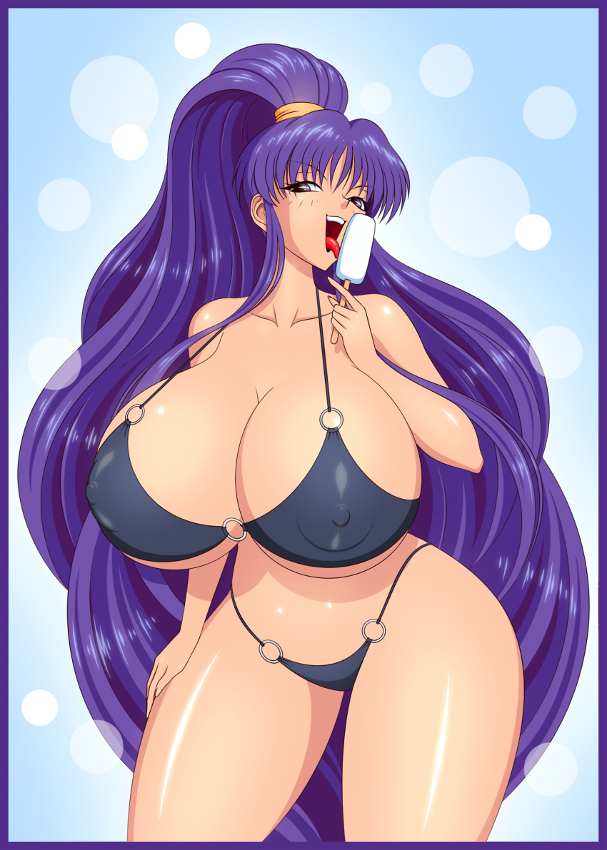 1girls 5_fingers akiranime big_breasts bikini black_bikini breasts cleavage clothes eiken erect_nipples eyebrows eyebrows_visible_through_hair eyelashes female female_only hair huge_breasts hyper hyper_breasts kirika_misono licking long_hair nipple_bulge nipples_visible_through_clothing open_mouth open_smile ponytail popsicle purple_eyes purple_hair shiny_skin smile solo source_request suggestive tagme thick thick_thighs tongue tongue_out very_long_hair wide_hips