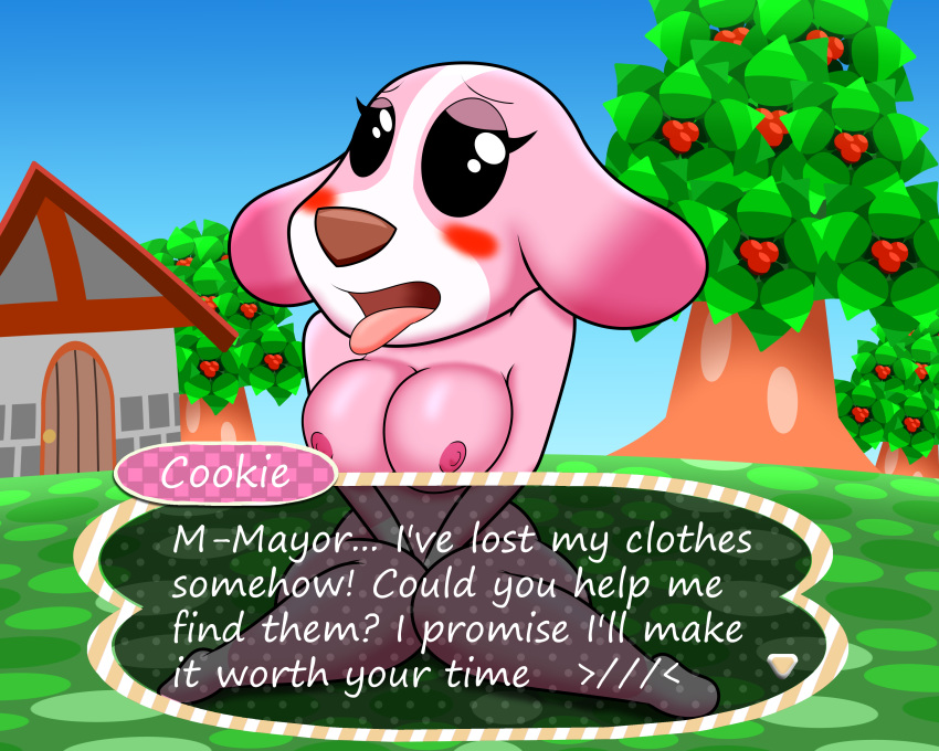 animal_crossing anthro blush breasts canid canine canis cookie_(animal_crossing) domestic_dog embarrassed female mammal marcodile nintendo outside public_nudity solo video_games