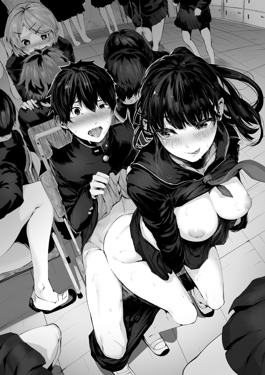 4boys 6+girls assertive blush botan_mochito femdom gakuran greyscale heart heart_in_eye highres inverted_nipples licking_lips lifted_by_self looking_at_another monochrome multiple_boys multiple_girls musical_chairs open_mouth original pants_down ponytail school_uniform sex shirt_lift shoes straight sweat symbol_in_eye tongue tongue_out torogao uwabaki