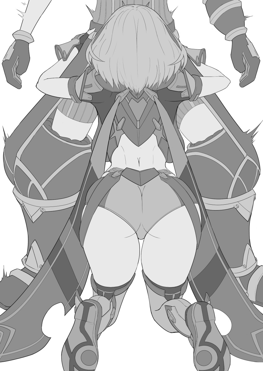 1boy 1girls absurdres ass back big_ass boots breasts facing_away fellatio female gatyo_5 gloves greyscale highres implied_fellatio large_breasts monochrome nintendo oral partial_male pyra rex_(xenoblade) salvager_trousers salvager_vest short_hair short_shorts shorts simple_background straight thighhighs xenoblade_(series) xenoblade_chronicles_2