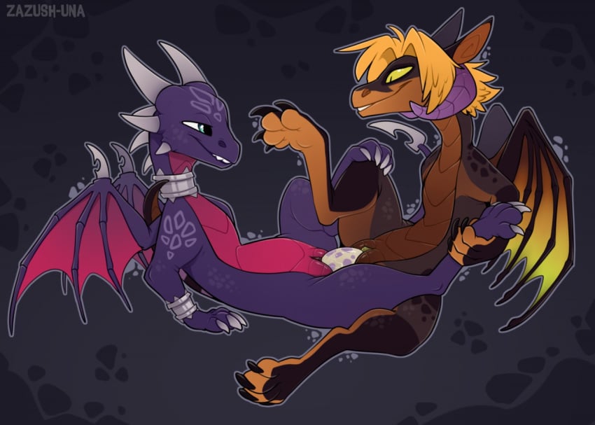 anthro blue_eyes cynder dragon duo egg egg_insertion egg_laying egg_play egg_transfer female feral membranous_wings penetration pussy spread_legs spyro_the_dragon transfer_birthing vaginal_penetration video_games wings zazush-una zazush_(zazush-una)