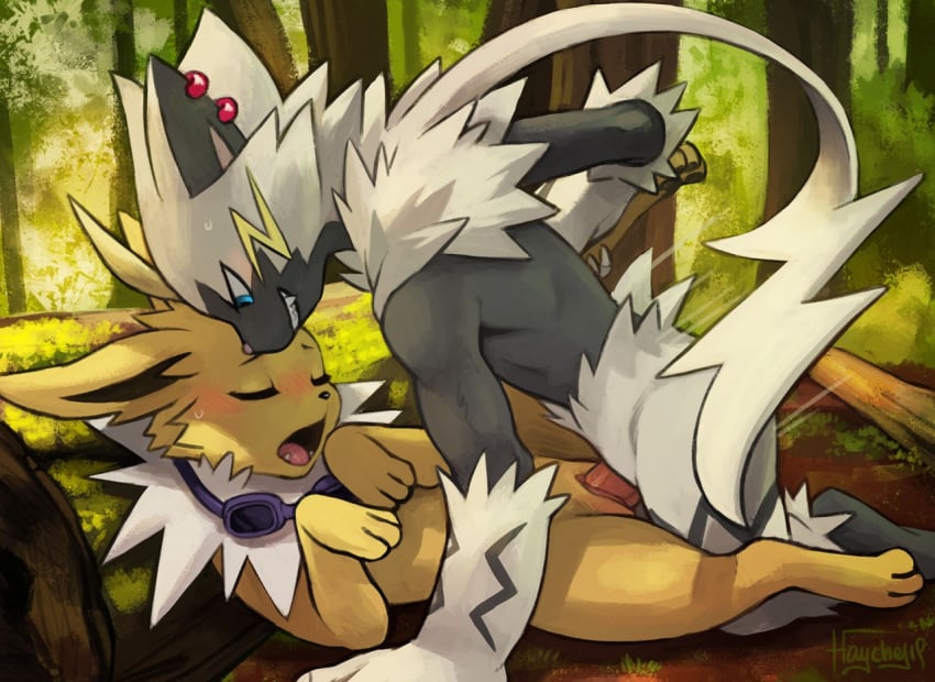 1boy 1girls against_tree all_fours alternate_color anthro anthro_on_feral big_ears black_fur blue_eyes blush brown_fur canine closed_eyes earrings eeveelution erection feet feline female feral forest furry goggles green_background grin half-closed_eyes haychel interspecies jolteon leg_up long_ears looking_down male missionary_position motion_lines nintendo nude on_back on_top open_mouth original_character outdoors paws penis piercing pokémon_(species) pokemon pokemon_rgby pokemon_usm pussy sex smile spread_legs straight stripes sweat teeth text thick_thighs tongue tree vaera_the_jolteon vaginal_penetration video_games watermark whiskers white_fur yellow_fur zeraora