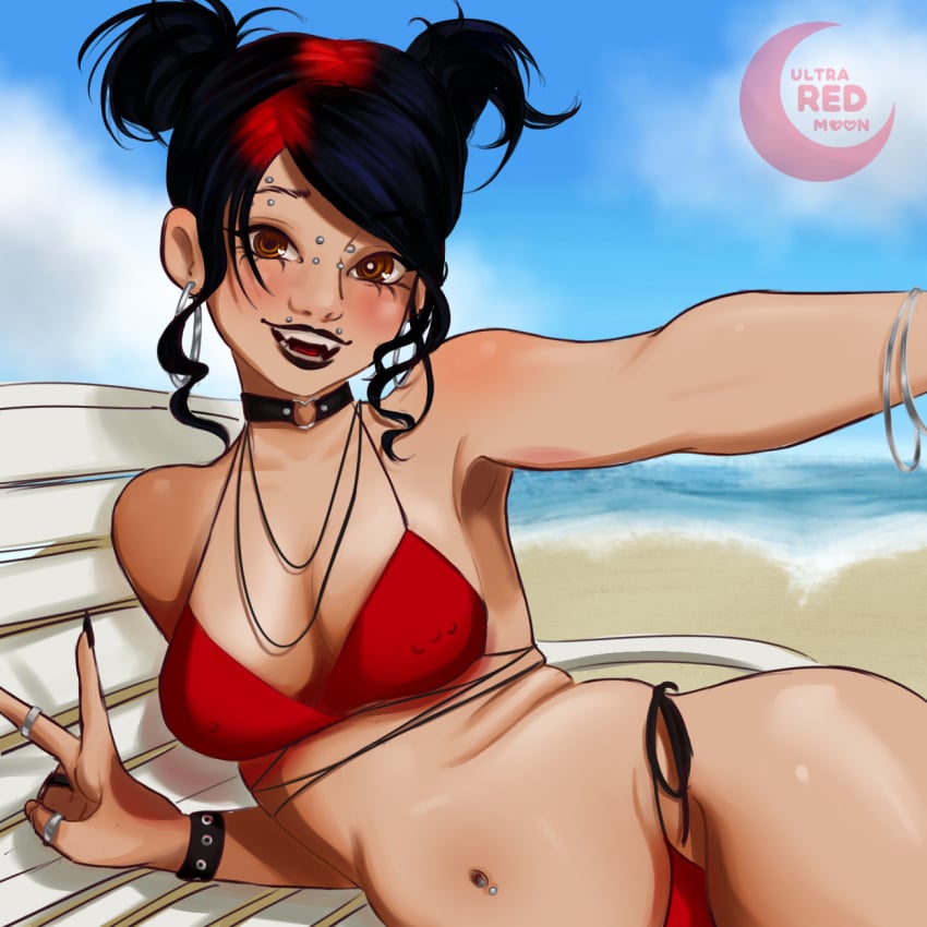 beach_background bikini black_hair brown_eyes goth lipstick peace_sign pier pierced_belly_button pierced_nipples piercings selfie_pose ultraredmoon
