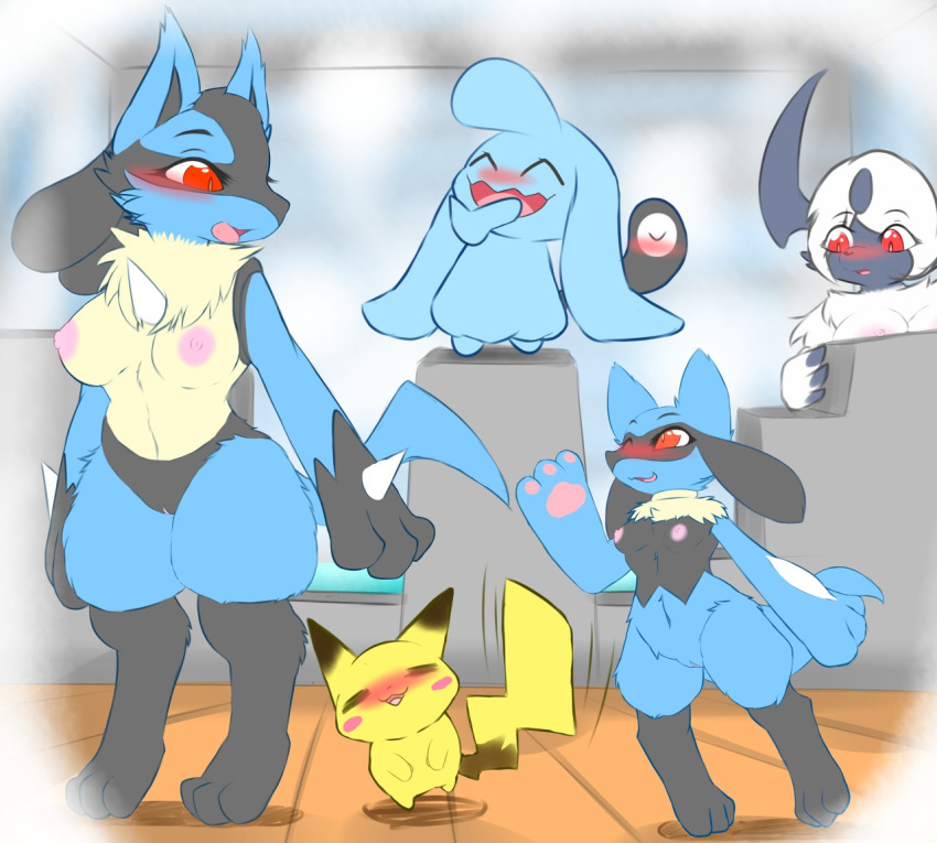 2019 3_fingers 3_toes absol anthro blue_fur blush breasts canid canine claws female fur lucario mammal milkteafox navel nintendo nipples nude pawpads pikachu pokemon pokemon_(species) pussy red_eyes riolu rodent standing steam toes video_games wynaut