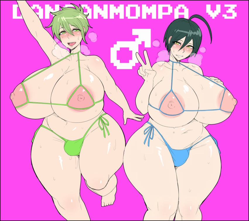 2boys ahoge areolae ass ball_bulge balls_in_panties barefoot bikini_bulge black_hair blue_bikini blush breasts busty_boy chubby cleavage danganronpa danganronpa_v3 erect_nipples fat futa_only futanari green_bikini green_eyes green_hair huge_ass human hyper hyper_breasts large_areolae male_symbol male_with_breasts mars_symbol naughty_face nipples octoboy panties panty_bulge penis_bulge penis_in_panties penis_under_clothes rantaro_amami saihara_shuuichi seductive short_hair smile straight_hair sweat thick_thighs thong v wide_hips yellow_eyes