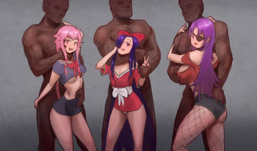 3boys 3girls asphyxiation blackingyourwaifu blue_hair breast_grab breast_hold breast_squeeze breasts dark-skinned_male dark_skin eye_patch gasai_yuno interracial kasugano_tsubaki legs long_hair male mirai_nikki molestation netorare nude pink_hair ribbon shorts size_difference strangling tagme uryuu_minene