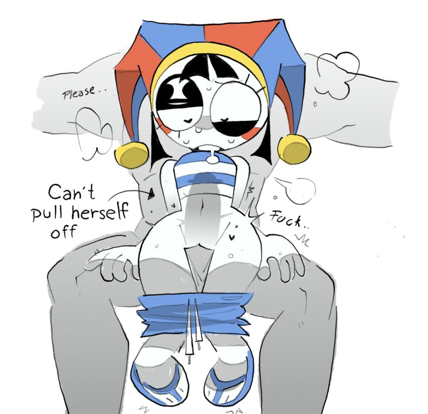 1boy 1girls begging big_penis bigger_male black_hair clothed clothed_sex clothing color dialogue dubious_consent english_text fanny_packing female female_focus flat_chest heart heart-shaped_pupils helpless huge_cock jester jester_hat on_lap panting pants_down pomni_(beach_outfit) pomni_(the_amazing_digital_circus) real_saming sitting_on_person smaller_female stuck swimsuit swimwear tadc text the_amazing_digital_circus twitter_link vaginal_penetration white_background