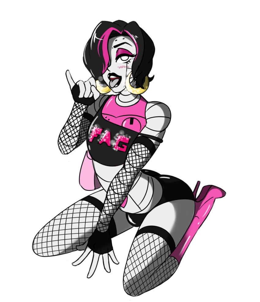 1boy air_fellatio androgynous bimbo bulge crossdressing eyelashes eyeshadow fag fag_shirt faggot fellatio_gesture femboy fishnet_stockings fishnets girly high_heels homophobic_slur hoop_earrings lipstick makeup mettaton mettaton_ex sealguy solo trap undertale